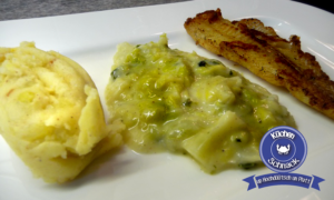 Nussbutter-Seelachs mit Kartoffelstampf und Rahm-Wirsing