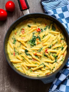 Spinat-Nudelpfanne mit Dekoration auf dem Boden